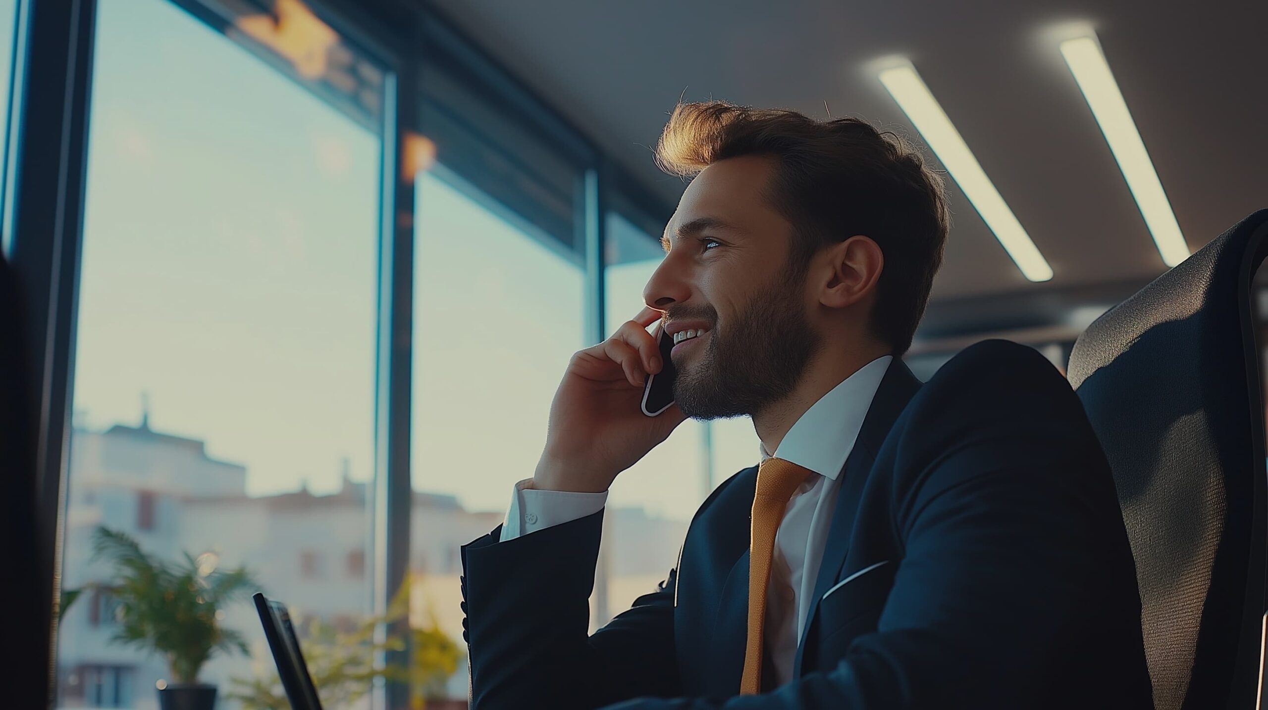 Man on a suit talking on the phone