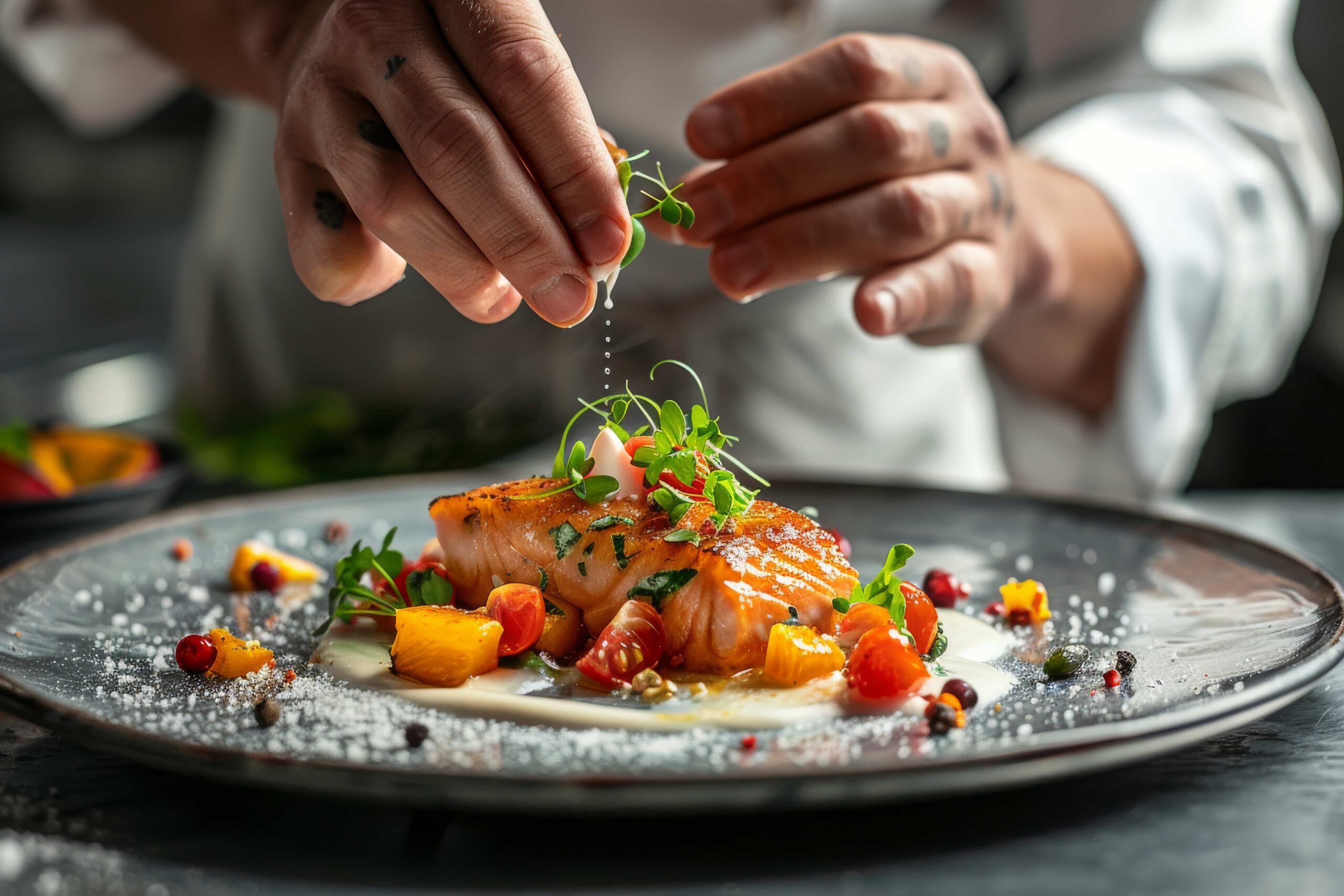 hands preparing a fine dish with salmon