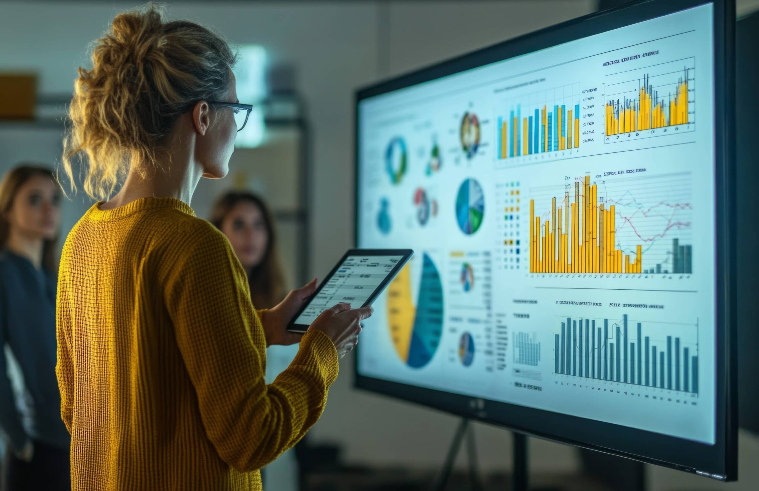 blonde woman from back holding a tablet and looking at graph in a lightned dashboard