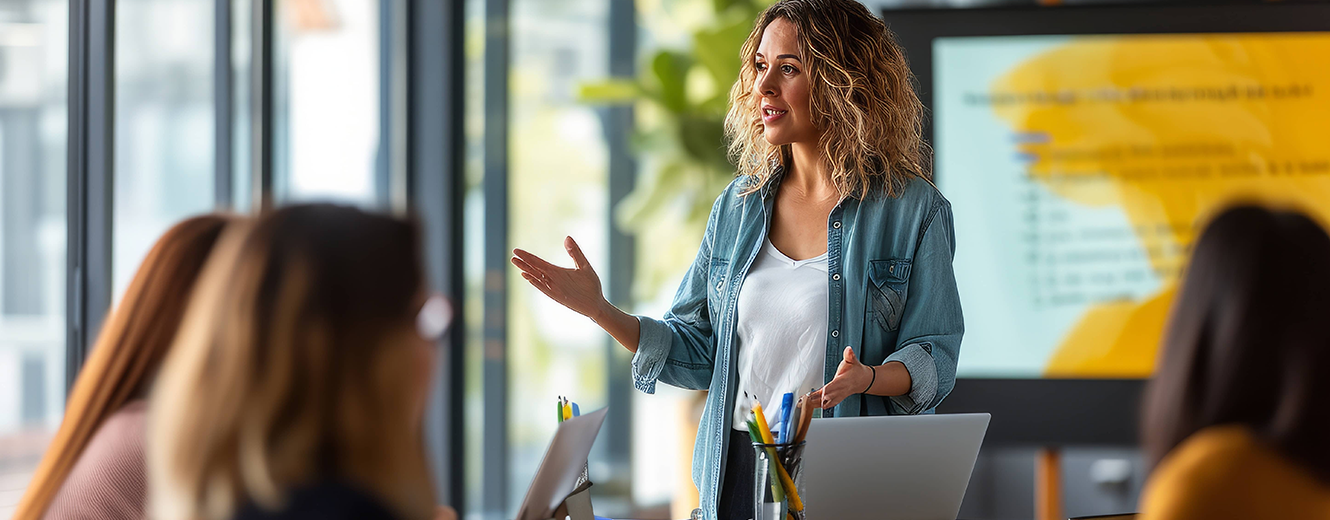 curly blonde hair woman standing oin the middle of the office holding a speech