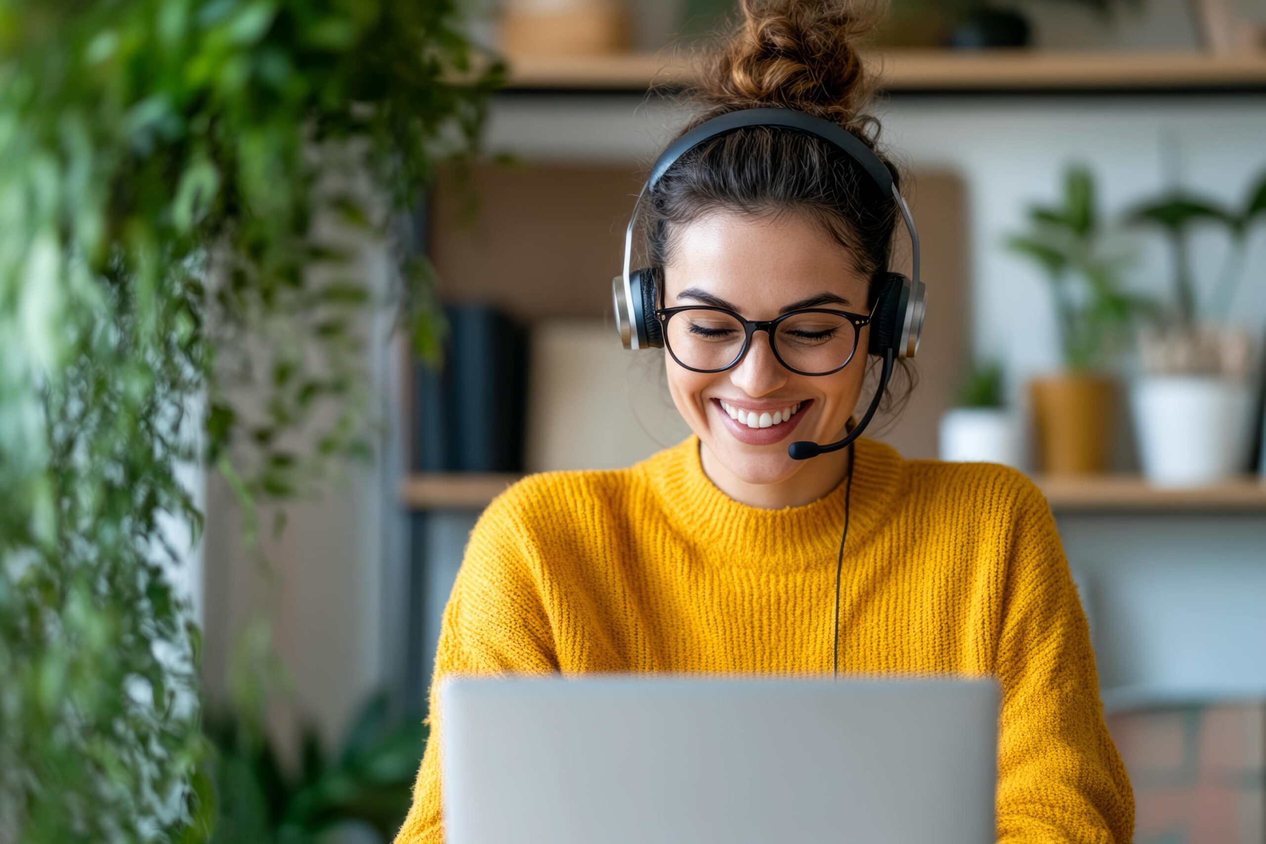 Young woman wearing headphones with mic smiling looking at a laptop