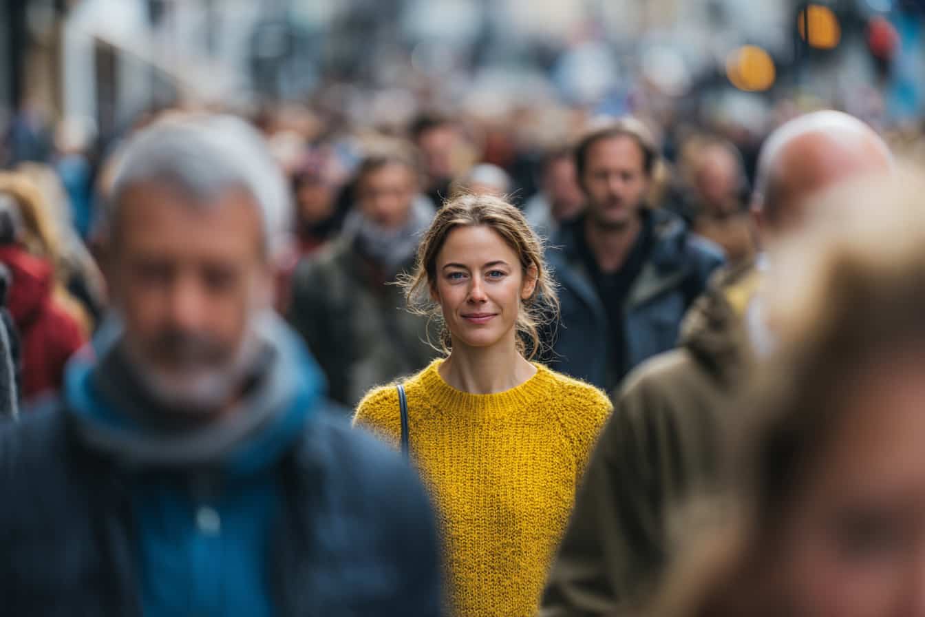 blurried crowd with a girl smiling wearing a yellow sweater