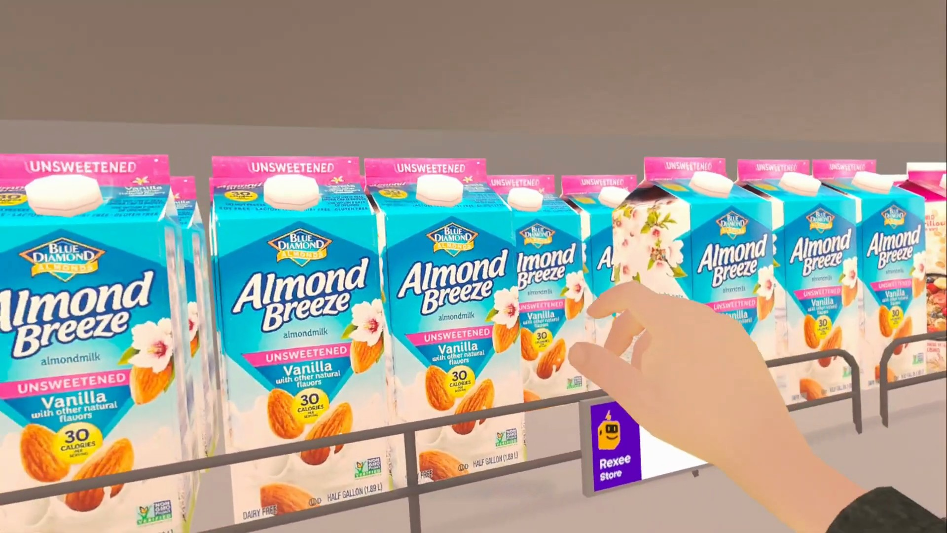 First-person view of a consumer interacting with products in a virtual reality store simulation