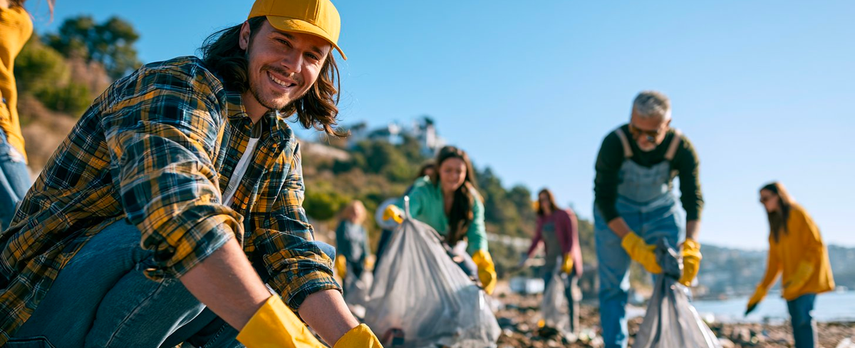 young man volounteering to collect garbage and beach cleaning