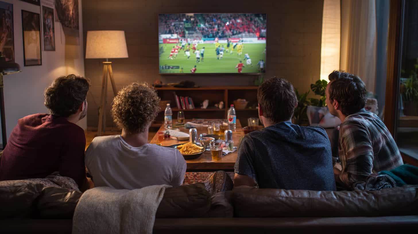 Friends gathered at home to watch a FIFA World Cup match on television, highlighting the social experience of tournament viewing.