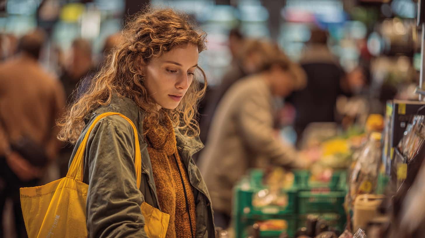 Consumer choosing products at a local market while using a reusable shopping bag to reduce single-use waste