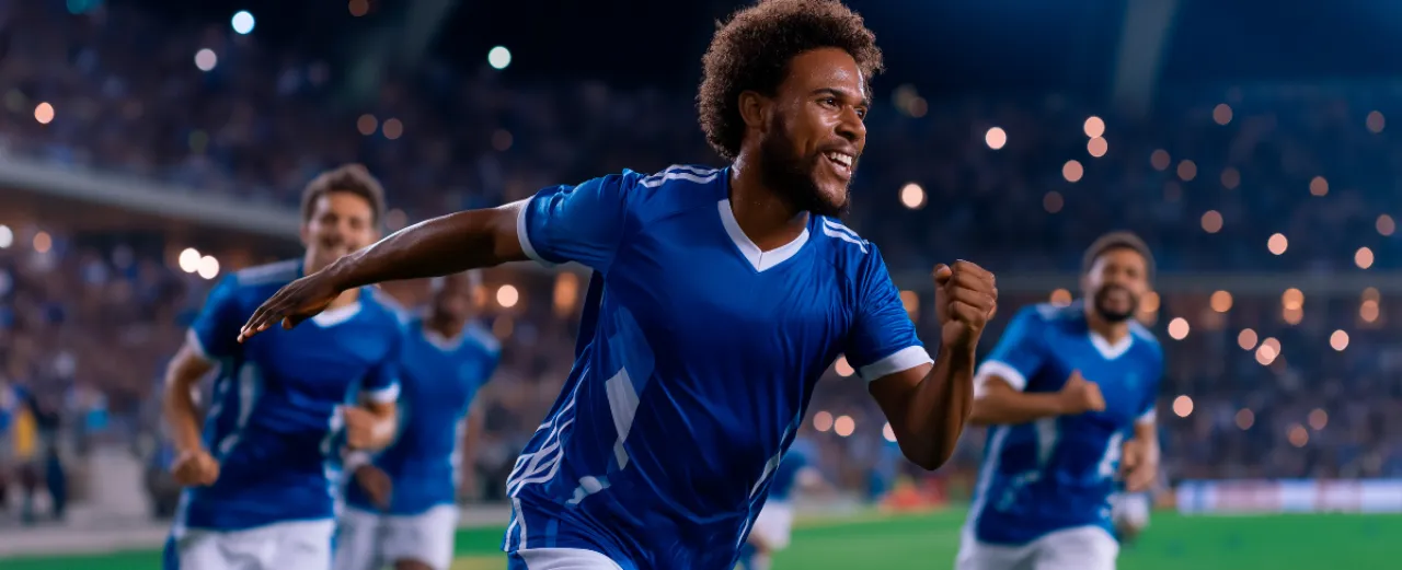 Soccer player celebrating a goal during a stadium match, with teammates running in the background.