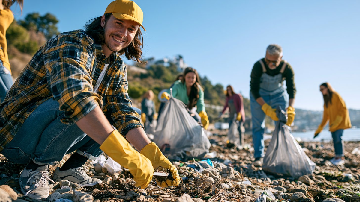 young man volounteering to collect garbage and beach cleaning