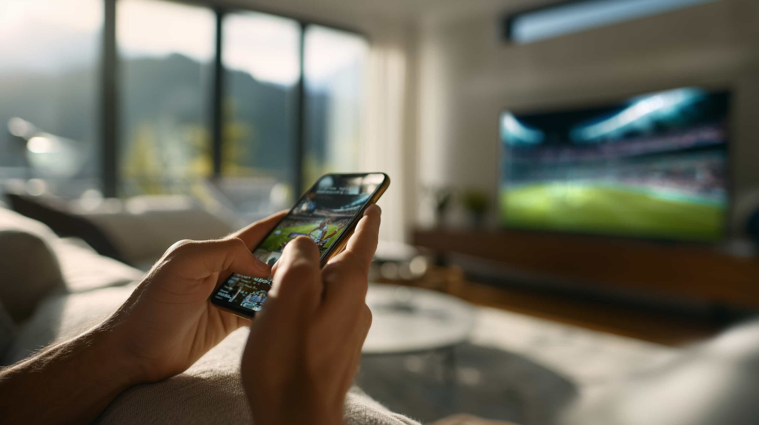 Close-up of hands holding a smartphone displaying FIFA World Cup highlights, with a football match on a television in a bright living room.