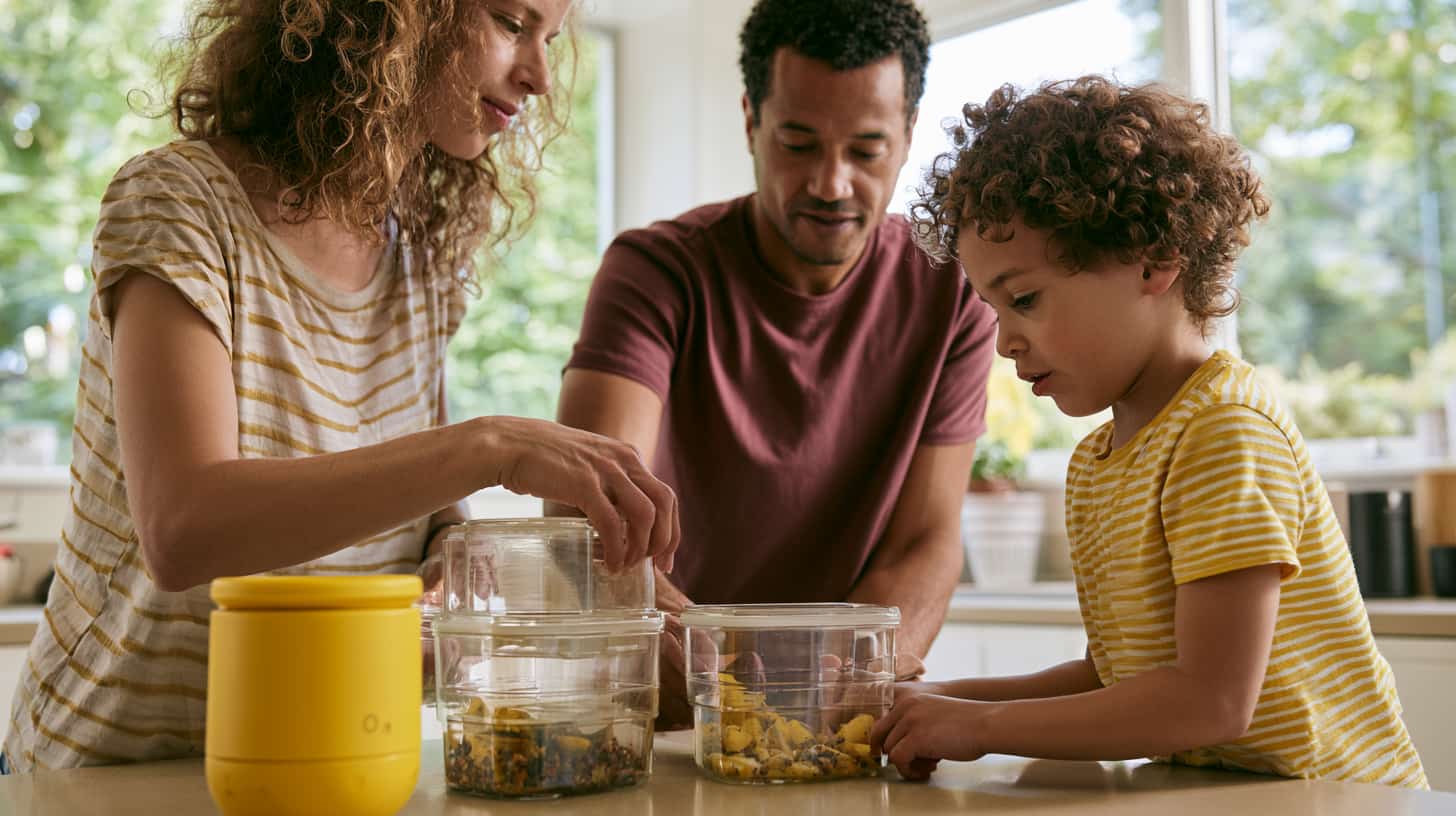 Family reducing food waste by storing leftovers in reusable containers instead of single-use packaging.